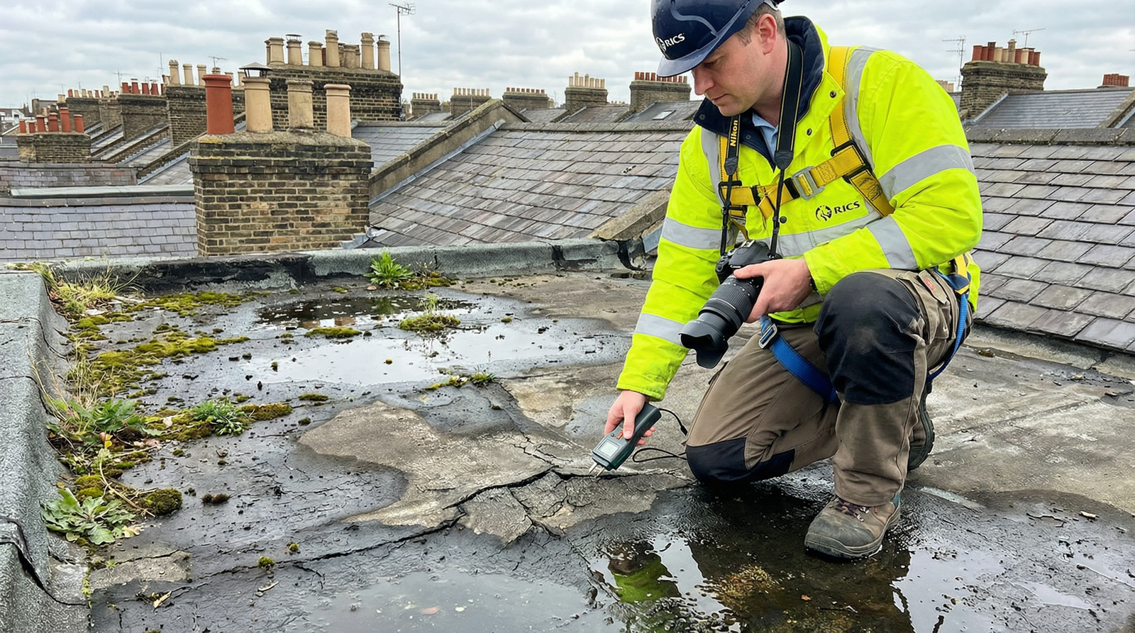 Professional RICS surveyor on flat roof inspecting water pooling, damaged membrane and drainage issues on London property