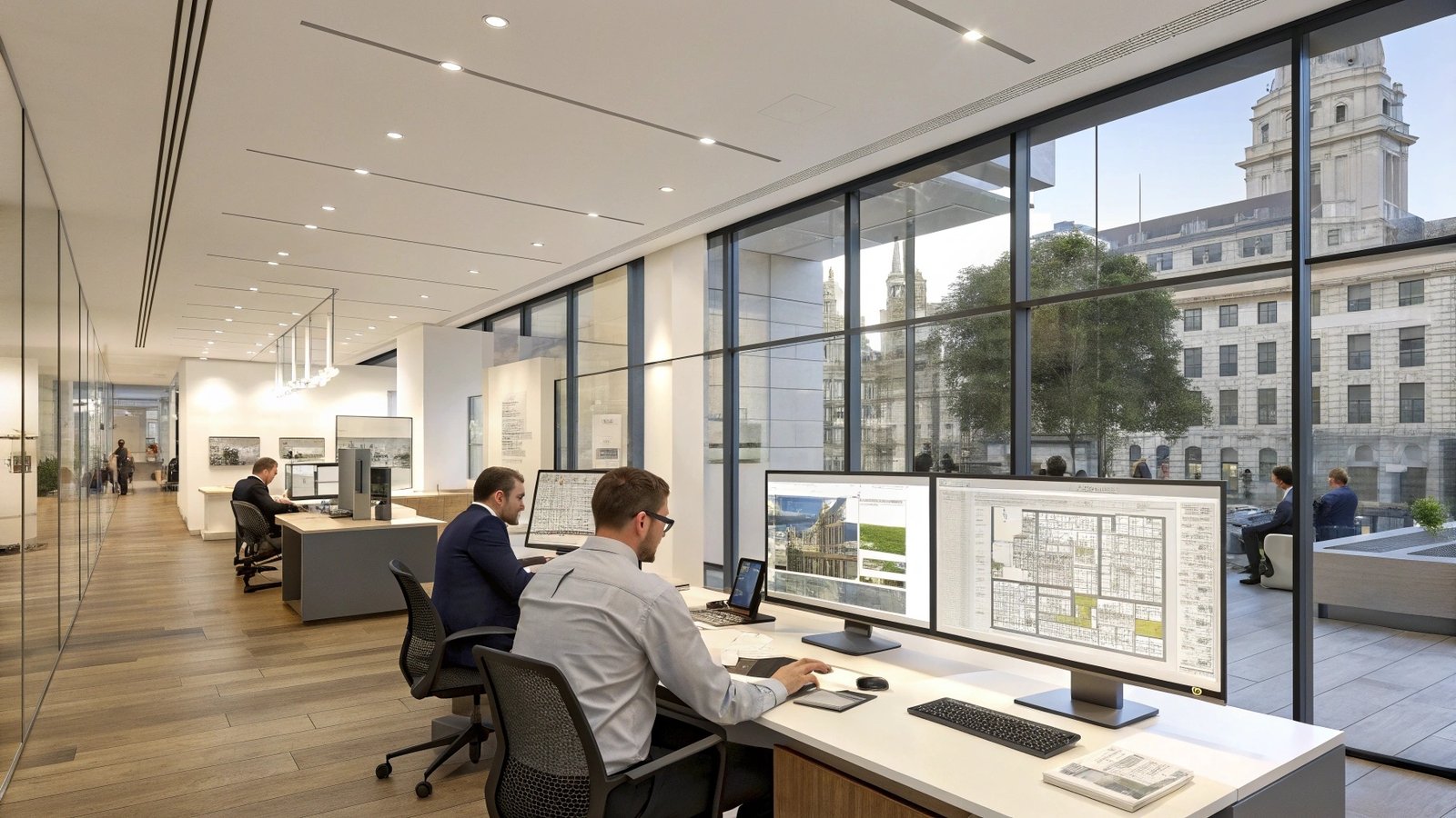 Property surveyors reviewing reports