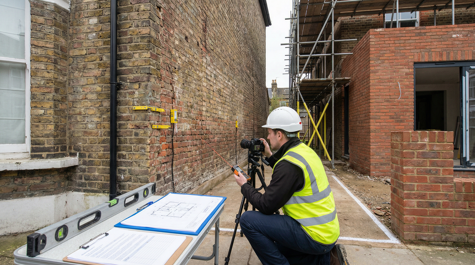 Professional RICS surveyor conducting party wall survey between adjoining London terraced houses examining shared boundary wall