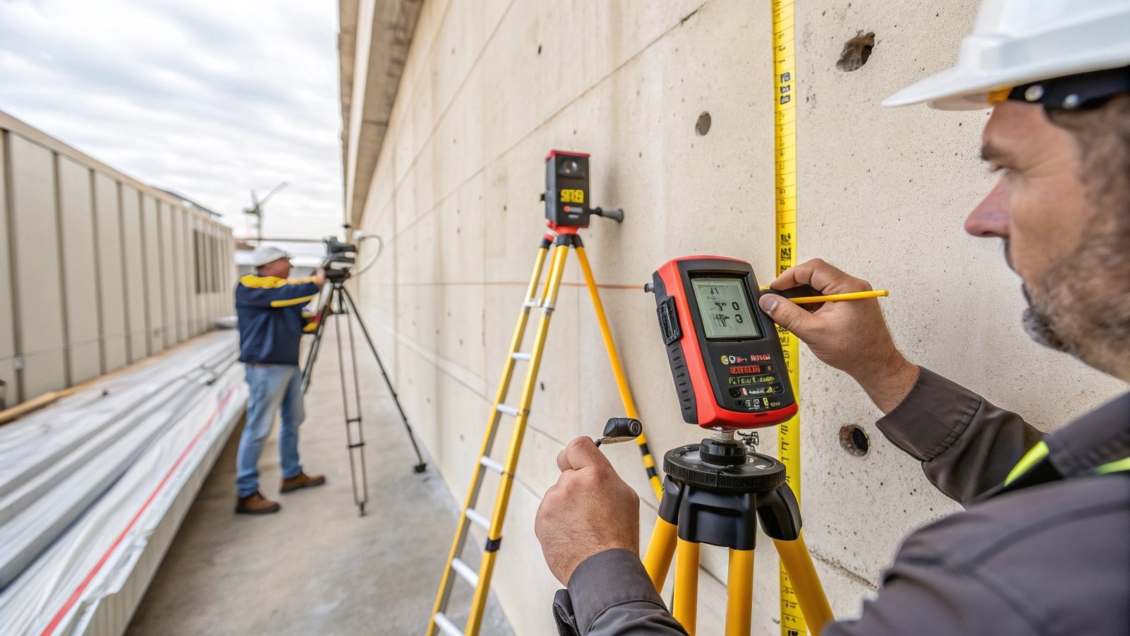 Professional surveyor using modern inspection equipment during a building survey in London