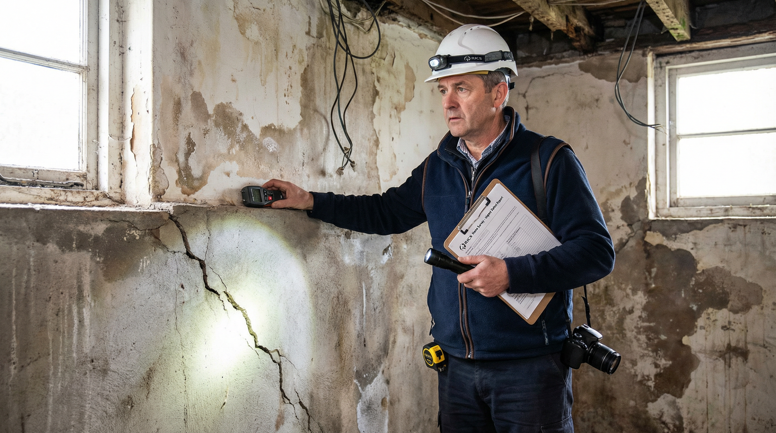 RICS surveyor identifying critical warning signs including structural cracks, damp damage, and electrical hazards during property inspection